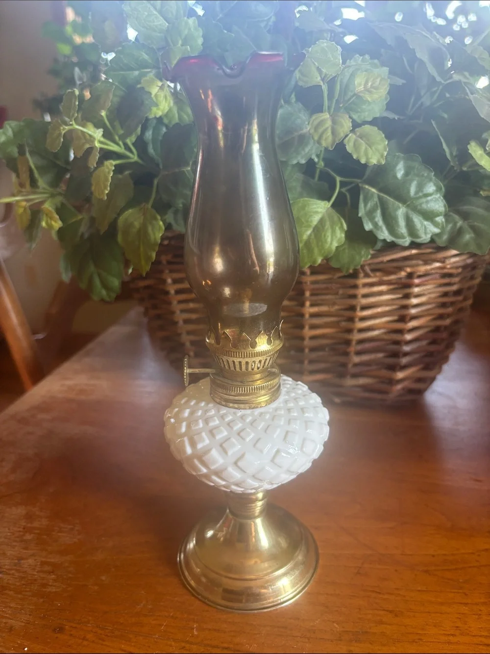 Vintage diamond design milk glass with brass tone base hurricane mini oil lamp